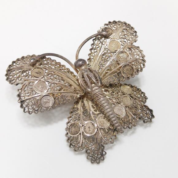 Antique Cannetille Butterfly Brooch, Vermeil 800 Silver - Picture 9 of 10